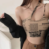 spaghetti strap tank top woman newspaper letter print wirefree bra camis for women camisole new trend-Outfit