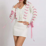 White Pink Ribbon Lace Up Sweater Cardigan-Outfit