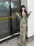 Chinese Style Halo Dyeing Slim Fit Camisole Dresses+ Y2k Ruffles Long Sleeve Green Cardigan Spring Two Piece Sets-Outfit