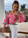 Hot Style Spring And Summer Sexy Word Collar Open Shoulder Wrapped Chest Print Shirt-Outfit