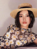 Short Sleeve Daisies Print Mesh See-Through Sexy Maxi Dress Summer Women Fashion Streetwear Outfit