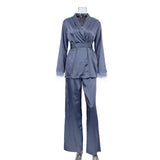 Fongt Women's Casual Lazy Set French Feather Long Sleeve Lace Satin 2-Piece Set-Outfit