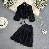V Neck Hollow Embroidered Lantern Sleeve Short Shirt Solid Mini Skirt 2 Piece Suit Women 2024 Autumn Fashion New TH2512-Outfit