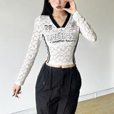 New Women's Vintage Letters High Waist Perspective V-Necked T-Shirt In Fall