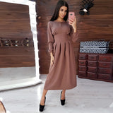 Vintage Front Hollow Out A-line Party Dress Long Sleeve O neck Solid A-line Party Dress 2019 Winter Fashion Women