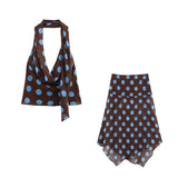 Fongt New Thin Scarf Wave Dot Hanging Neck Top Asymmetric Dress Set Women 3756352 6929511