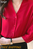 Women's Shirt Vintage Red Button Blouses for Women Short Sleeve Shirts Female Top Polo Neck Solid Blouse Office Lady Basic