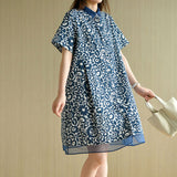Vintage Printed Polo-Neck Straight Midi Casual Dresses Women's Clothing Short Sleeve Summer All-match Gauze Patchwork Dress-Outfit