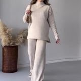 Fongt 2025 New Fashion Pure Color Round-Neck Casual Knitted Wide Leg Trousers Two Sets