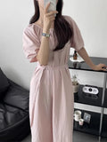 Fongt Chic Summer Retro Small Fresh Round Collar Tie Waist Show Thin Pleated Bubble Sleeve Dress Long Skirt Woman-Outfit