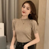 Neck Puff Short Sleeve T Shirt Women Korean Fashion Simple Tops Spring Summer New Arrivals Ice Silk Knitted T Shirts-Outfit