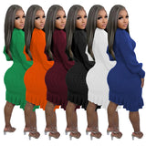 Fongt New Women's Solid Color High Collar Flounce Handmade Knitted Dress-Outfit