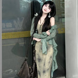 Chinese Style Halo Dyeing Slim Fit Camisole Dresses+ Y2k Ruffles Long Sleeve Green Cardigan Spring Two Piece Sets-Outfit
