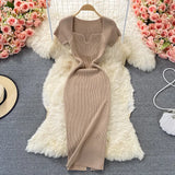 Fongt Thin Collar Knitted Dress Short Sleeve 2025 Summer New Temperament Sexy Hot Ass Long Skirt