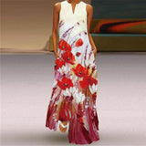 Printed Sleeveless Maxi Dress Women Casual V-neck Robe Dresses Female Plus Size Beach Holiday