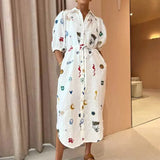 Fongt Women's New Printed Collar Long Collection Belt With Shirt Dress 661