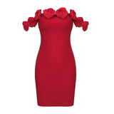 High-End Fashion Women's Red Shoulder Dress High Sense Short Elastic Repair Three-Dimensional Floral