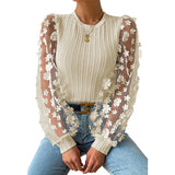 Fongt Women's Wear Mesh Small Flower And Snow-Flake Shirt Women 2025 Spring And Summer Round Collar Thin-Sleeved Top