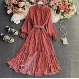 Fongt Shirt Collar Wave Dot Dress Spring And Autumn New Gentle Wind Temperament To Close The Waist Of The Big Folded Fork Woman