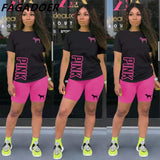 Summer New PINK Letter Print Short Sleeves Tshirt + Biker Shorts Sets Casual Two Piece Women Fashion Outfit