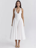 Fongt Spring And Summer French Name Deep V-Neck Sexy Hanging Neck Tie Splicing Pressure Folded Waist Thin Sweet Dress