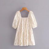 Fongt Women's New Square Collar Flower Print Short Sleeve Long Dress 9848