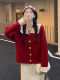 Fashion Sweet Cardigan Women Chic Peter Pan Collar Heart Button Hit Color Long Sleeve Knitted Sweater Coat Cute Loose Top-Outfit