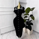 Fongt Women's Clothing Lace Collar Knitted Dress Single Buckle Body Repair Kit Mid-Stool Long Dress