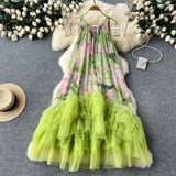 Fongt Retro Court Style Design With A Sense Of Fashion Print Splicing Mesh Tau Pong Irregular Lotus Leaf-Side Dress Woman