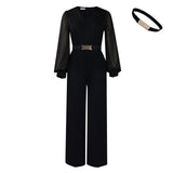 Fongt Women's Elegant Fashion Office V-Neck Long Sleeves Folded Waist Tops Wide-Legged Trousers All-Legged Set