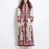 Fongt Retro Lantern Sleeve Single Buckle Positioning Print Dress Female Elegant Thin Temperament Dress