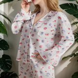 Fongt Pajamas Suit Long Sleeve Button Shirt Floral Fruit Print Wide Leg Pants Pajamas-Outfit