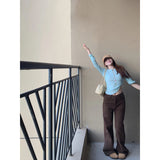 Fongt Retro Dark Brown Loose Thin Straight Jeans Women's New Low-Rise Thin Broad Leg Horn Pants