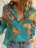 Fongt Women's Clothing 2025 Summer New Shirt Fashion Map Depicts Printed Long-Sleeved Top Women
