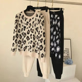 Fashion Printing Knitted 2 Peice Set Women Autumn Long Sleeve Pullover Sweater + Harem Pants Suit Black Ankle-Length