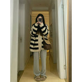 New Autumn And Winter Korean Style Lazy Breeze V-Collar Striped Sweater Girl Loose Thin Knitted Cardigan Coat Girl-Outfit