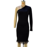 Fongt Women's Wear 2023 Fashion Sexy Inclined Shoulder Show Thin Bag Hip Split Dress Wool Patchwork Hem Dress-Outfit