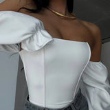 Fongt Sexy Hottie Body Fish Bone Bra Splicing Bubble Sleeve Niche Design Long-Sleeved Corset