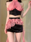 Sweet Slim Fit Halter Backless Tops Women+ Y2k E-Girl High Waist Irregular Bodycon Skirts Fashion Two Piece Sets-Outfit