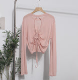 Han Shied Bare Back Drawstring Blouse Woman Summer Small Casual Wear Thin Hoodie Short-Sleeved T-Shirt