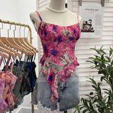 Fongt Shoot 辣tie Bra Irregular Sling Sling Vest Slimming Print Mesh Sleeveless Top 8950