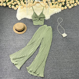 Fongt Suit Female Feel V-Neck Kink Sling Vest Two-Piece High Waist Slim Pleated Wide Leg Trousers-Outfit