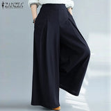 Women Elastic Waist Wide Leg Pants Loose Autumn Trousers Culottes Elegant Office Ladies Casual Palazzo Work