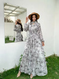 Fongt Light Luxury Temperament Dress Female High-End Feel Strapped Waist Three-Dimensional Flower Lantern Sleeve Print Dress