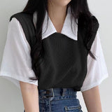 Fongt Summer Polo Lapel Fake Two College Wind Contrast Color Short-Sleeved T-Shirt Women's Loose Casual Versatile Top