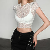 2024 Summer Fashion Trend Women's New Round Neck Short Sleeve Mesh Exposed Umbilical Repair