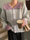Fashion Sweet Cardigan Women Chic Peter Pan Collar Heart Button Hit Color Long Sleeve Knitted Sweater Coat Cute Loose Top-Outfit