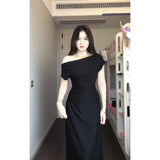 Fongt Pure Desire Short Sleeves Slanted Shoulder Fork Dress Temperament Slimmed Fashion Temperament Shoulder Long Skirt