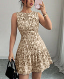 Fongt French Elegant Floral Print Sleeveless Bundle With Mini Dress