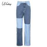 Patchwork Fashion Cargo Jeans Women High Waist Buttons Fly Streetwear Straight Pants 90s Retro Punk Straight Denim